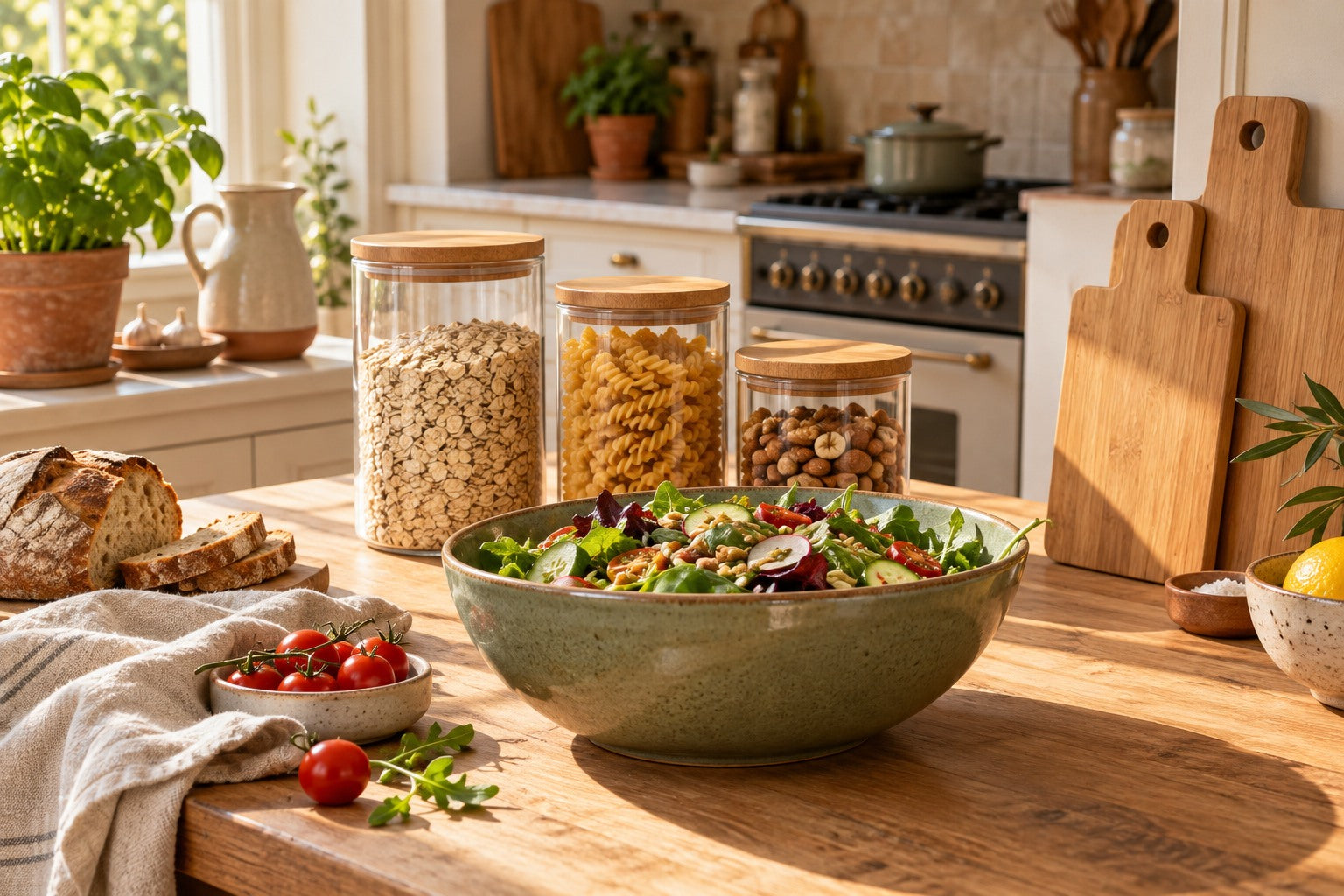 Kitchenware on a sunlit oak table
