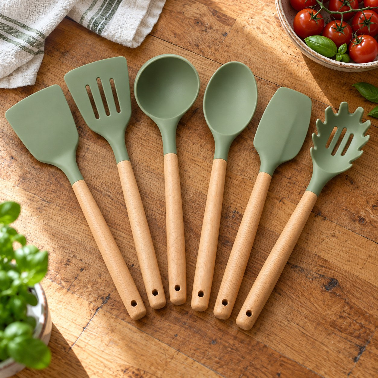 Sage kitchen utensils with wooden handles
